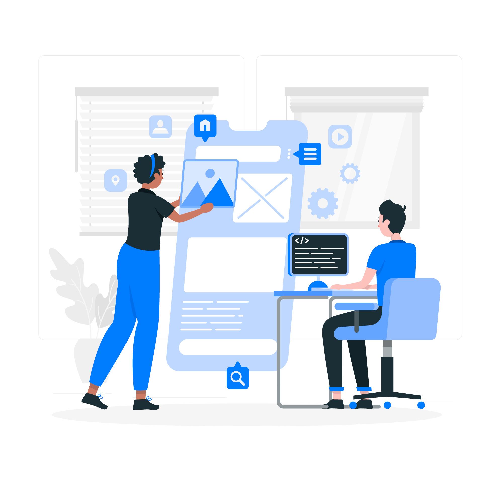 Two people working on a website design. One is holding an image, the other is coding.