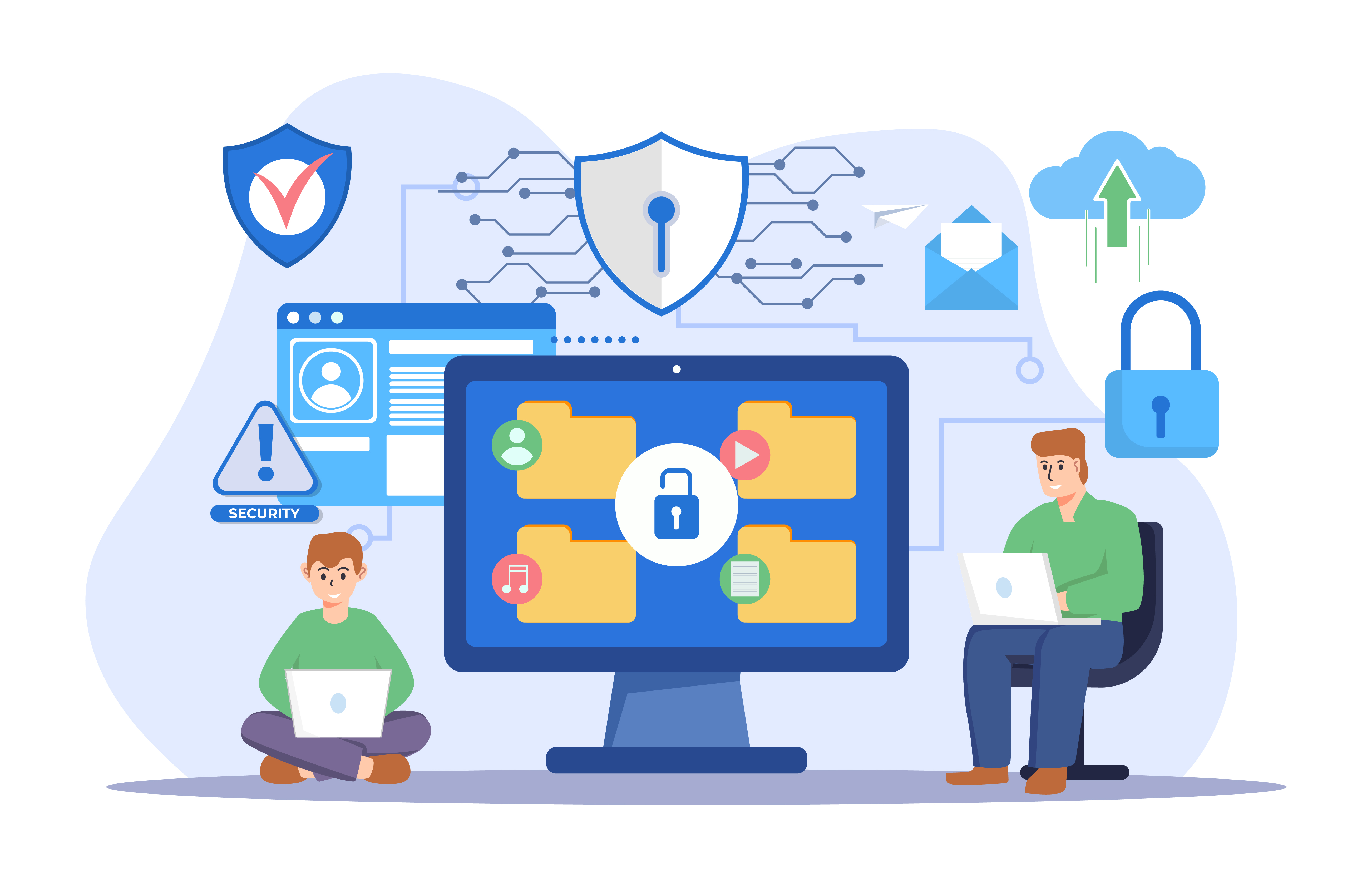 Illustration of two people working on computers with data privacy and security icons.