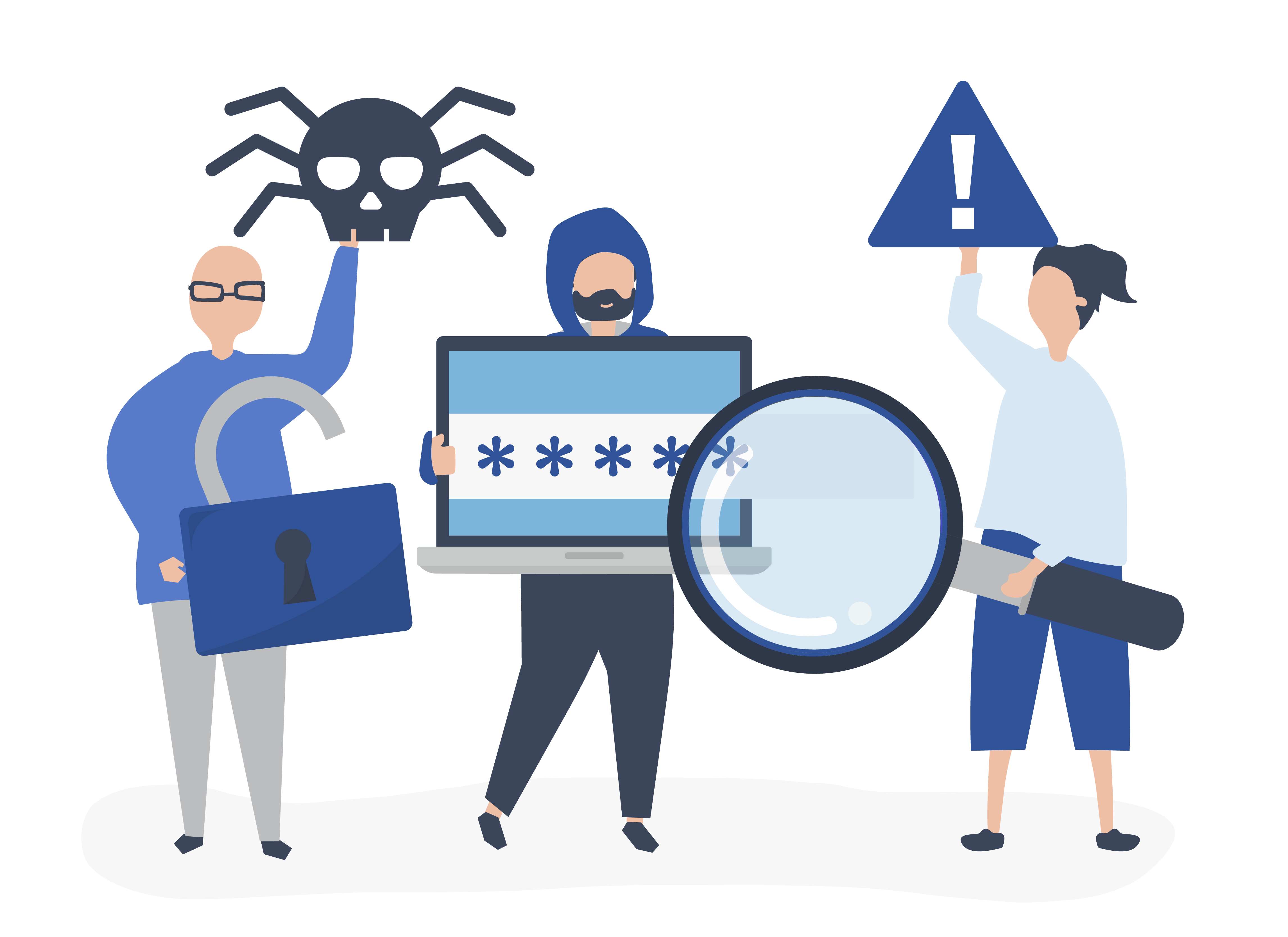 An illustration of three people standing with items related to security and cyber safety. The person on the left holds a padlock. The person in the middle holds a laptop with a password displayed on the screen. The person on the right holds a magnifying glass and a sign with an exclamation point. The illustration has a white background.