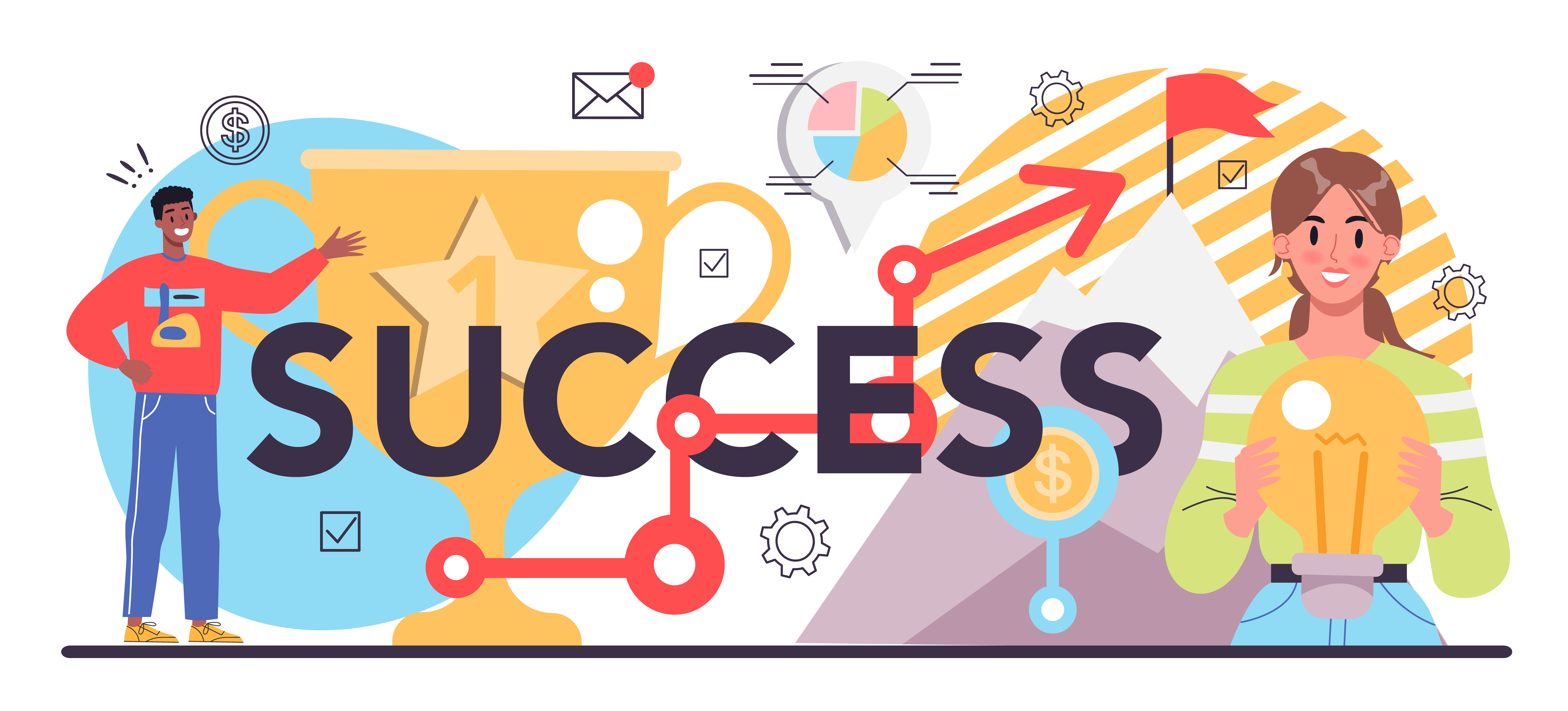 A colorful illustration depicting the concept of success with people, awards, and other related symbols. The words success is large and bold, and there are illustrations of a trophy, a lightbulb, money, and a person reaching the top of a mountain.